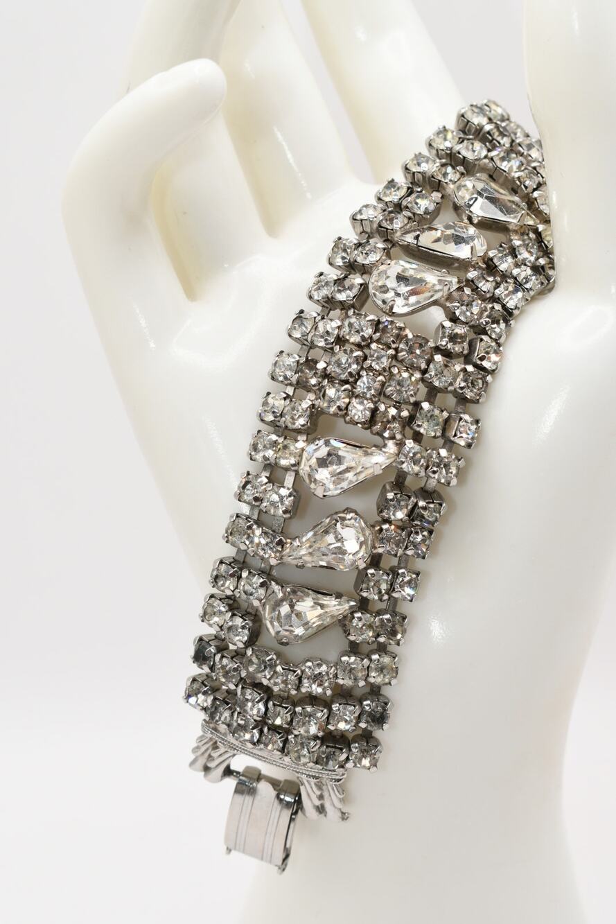 Vintage Clear Rhinestone Wide Bracelet 7 Row Bridal Prom 7.25"